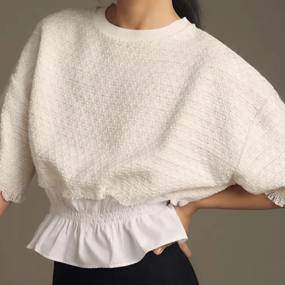 Maeve Textured Cream Sweater with Ruffle Hem